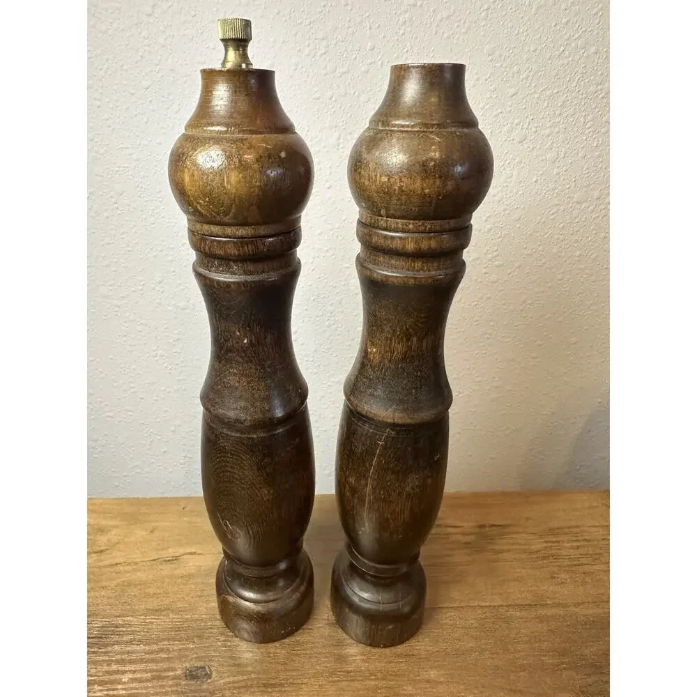 Vintage Wood Salt Pepper Grinder Set Made in Japan 10” Tall Mill Pair